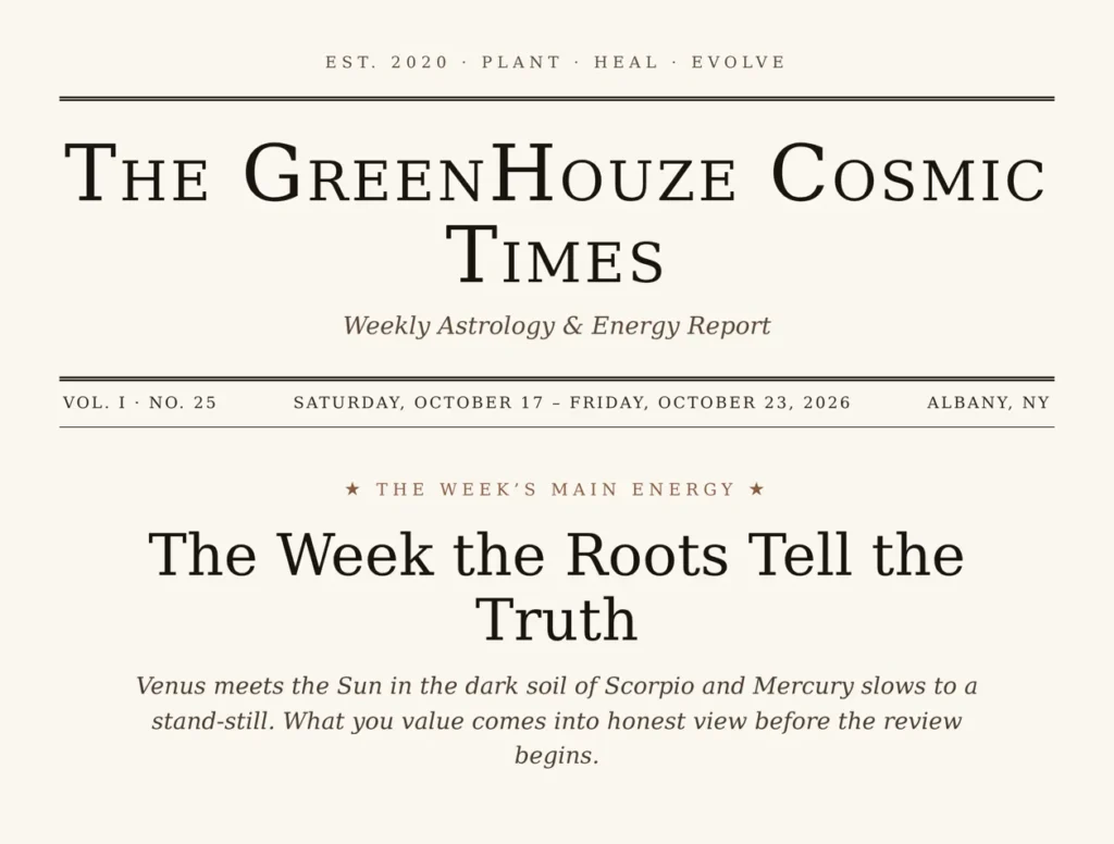 The GreenHouze Cosmic Times, Vol. I No. 25, October 17 to 23, 2026: The Week the Roots Tell the Truth