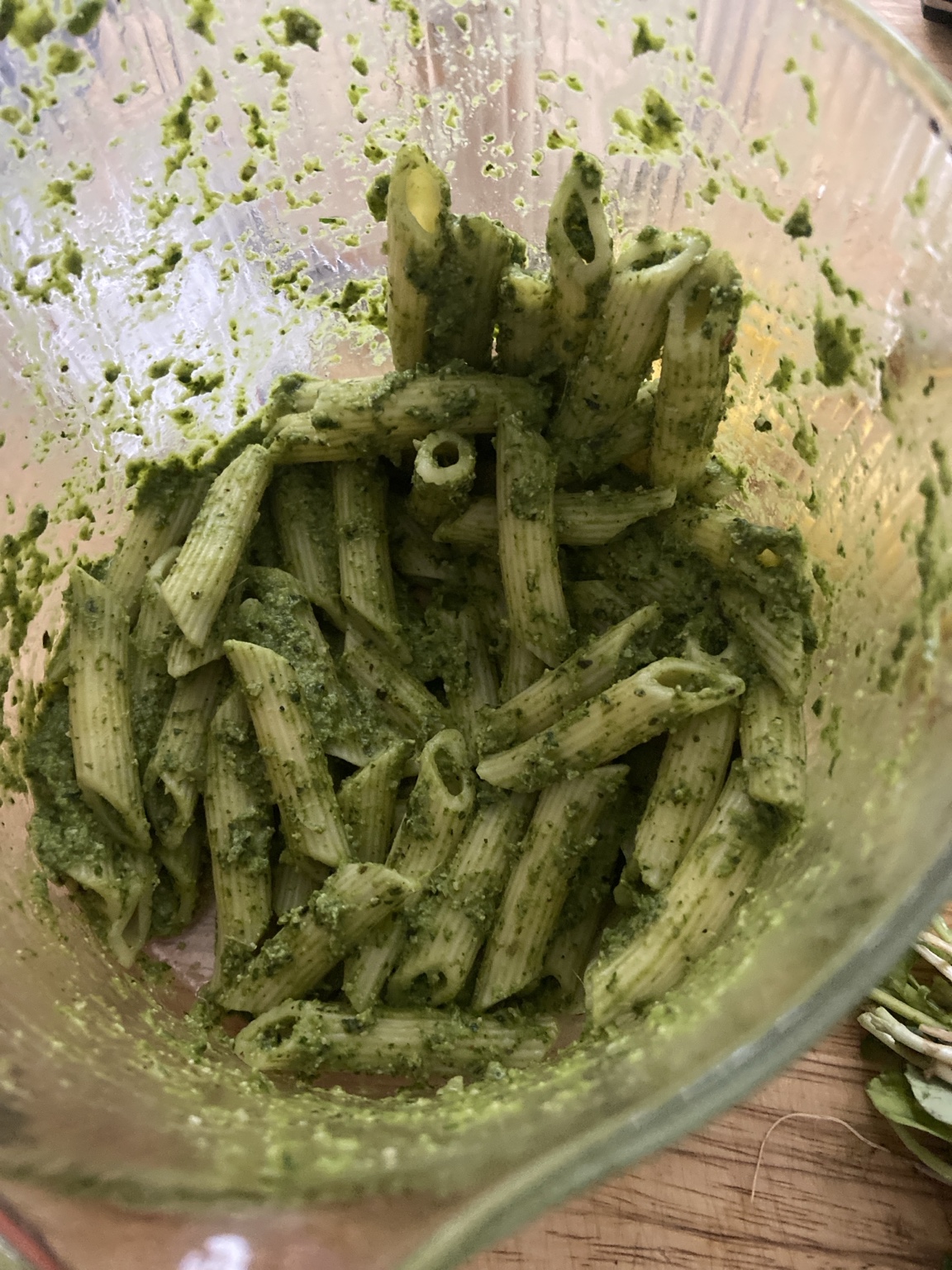 Penne pasta tossed in homemade green pesto inside a blender jar