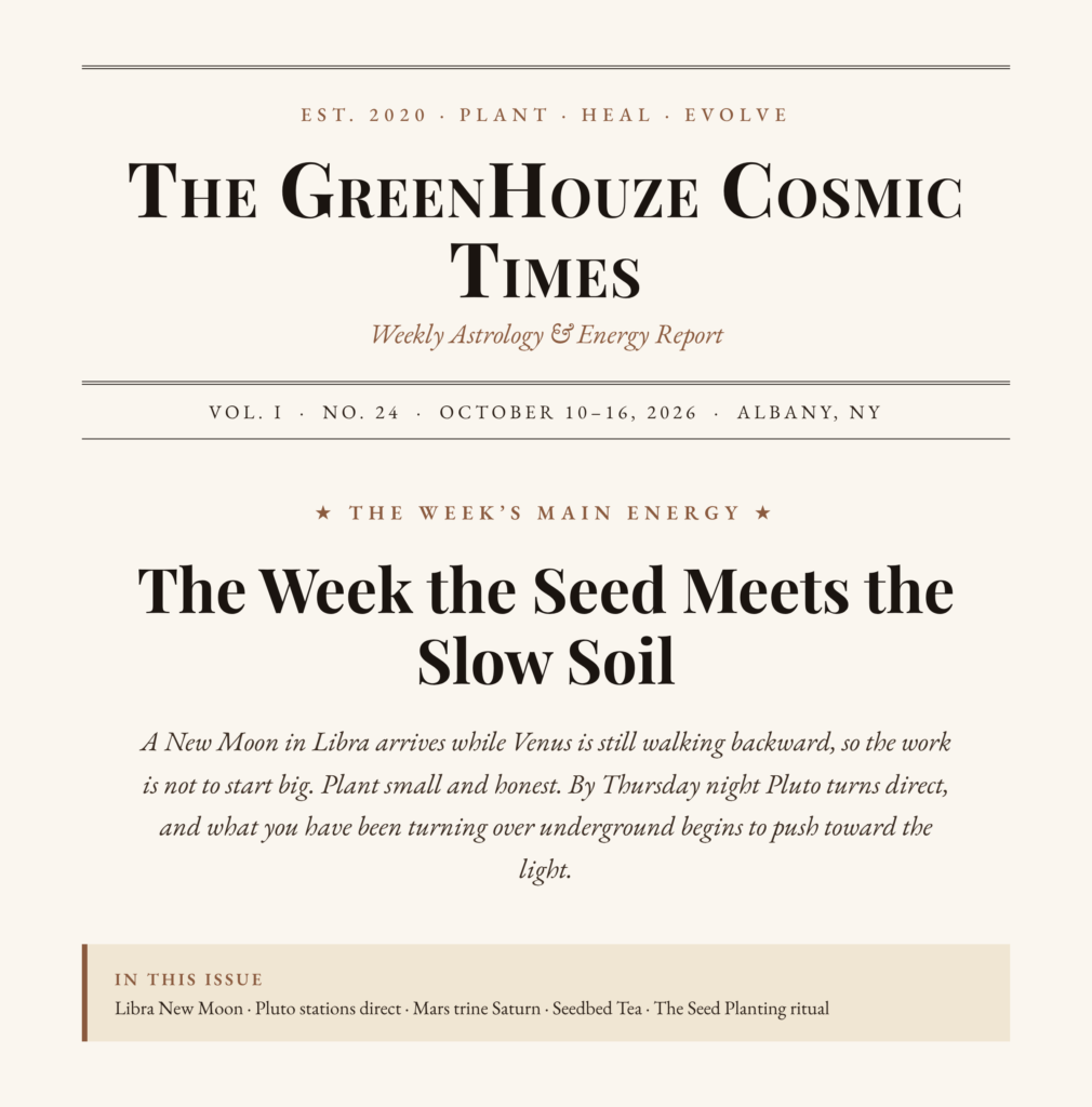 The GreenHouze Cosmic Times, Vol. I No. 24, October 10 to 16, 2026: The Week the Seed Meets the Slow Soil