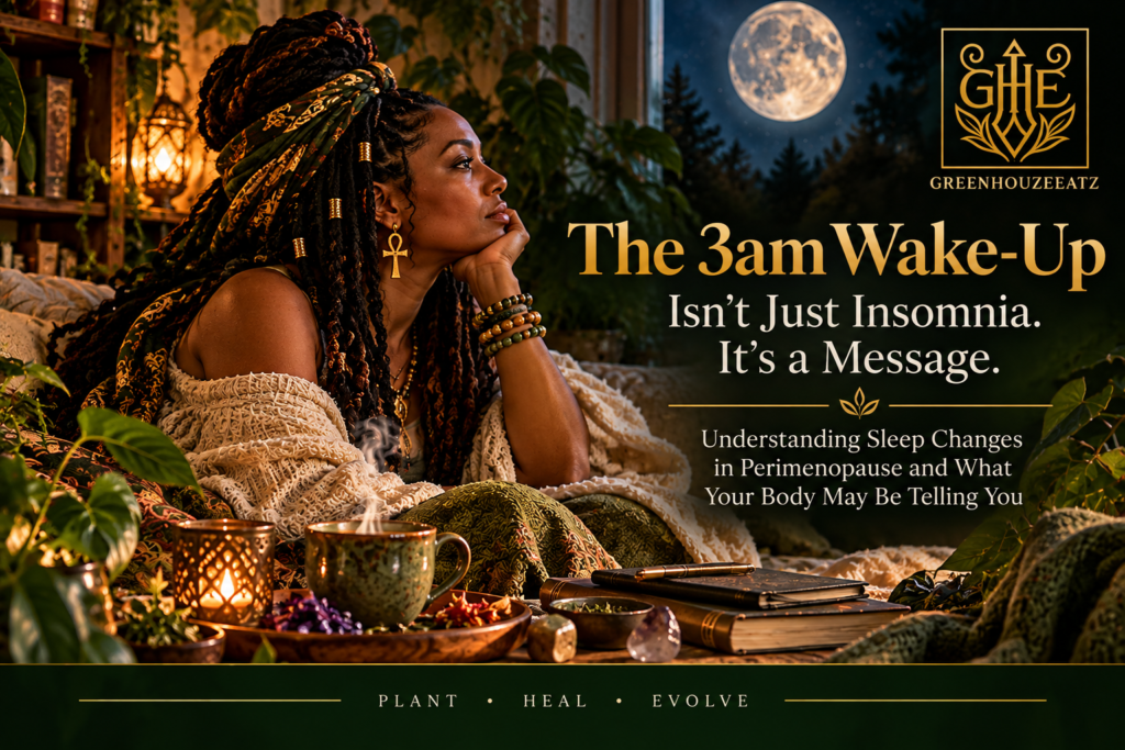 GreenHouzeeatz banner showing a woman awake at night beside plants and a moon, with the title The 3am Wake-Up.