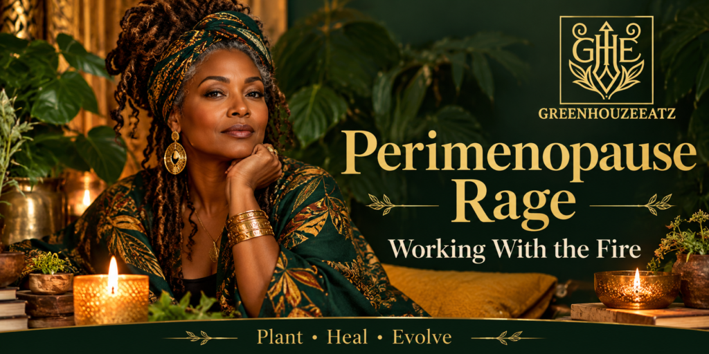 GreenHouzeeatz banner with a Black woman in a botanical sanctuary and the words Perimenopause Rage: Working With the Fire.