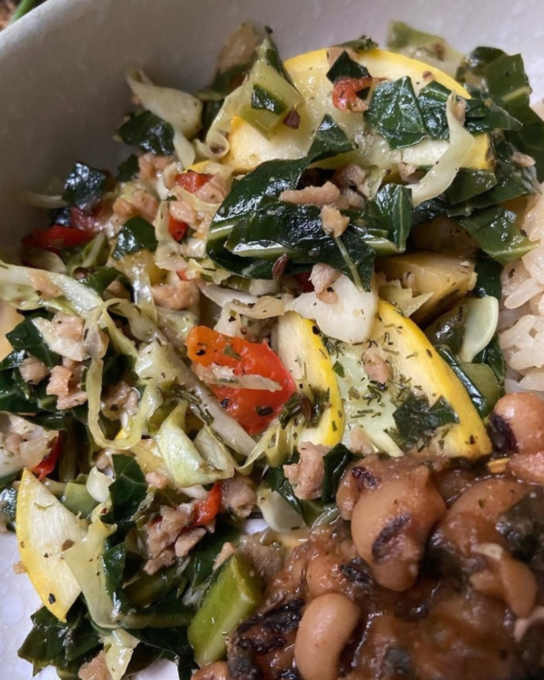 Sauteed collard greens with yellow squash, cabbage and red pepper